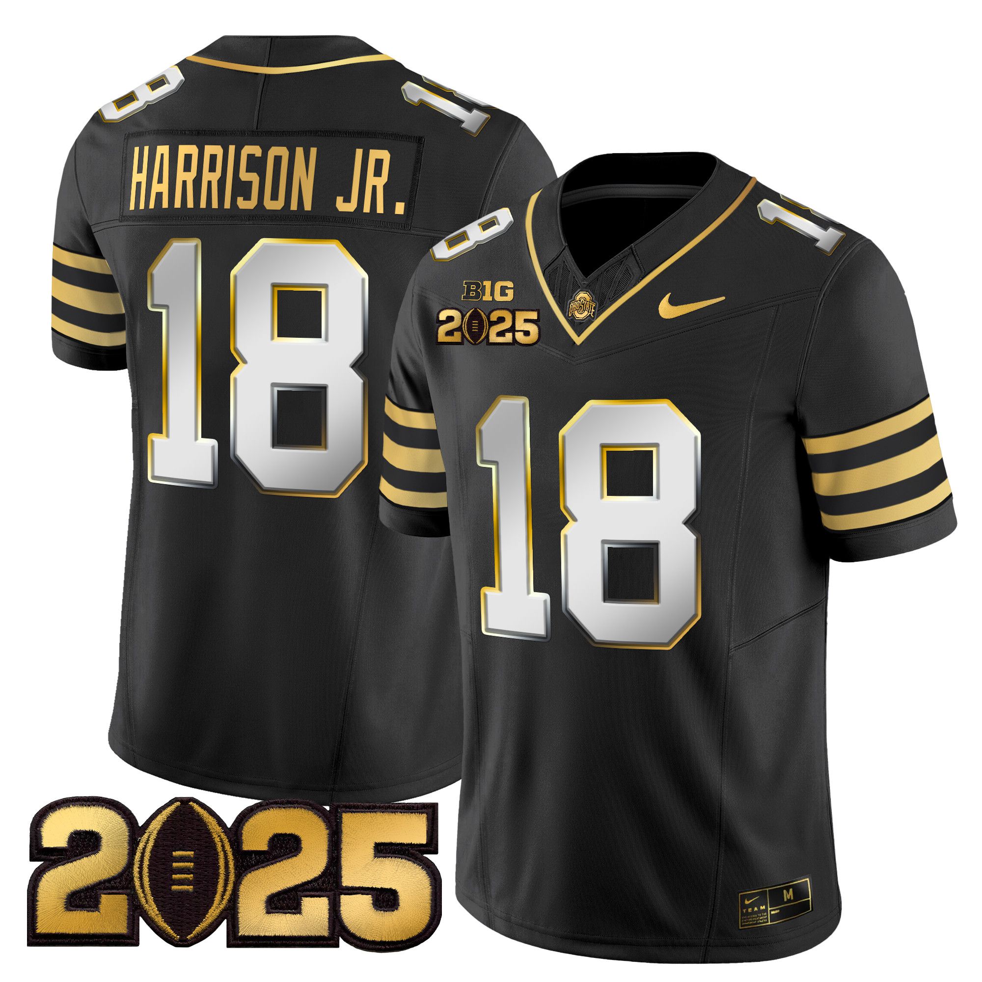 Men Ohio State Buckeyes 18 Harrison jr Black 2025 CFP Final Patch Gold Vapor Limited NCAA Jersey style 2